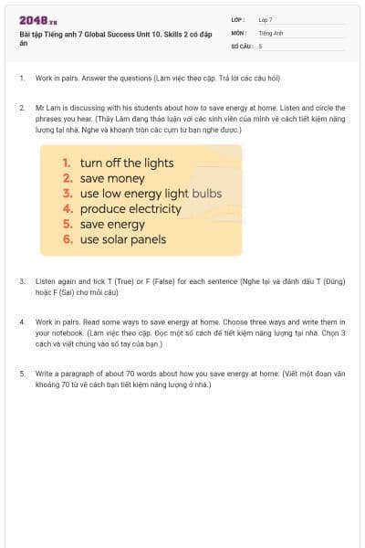 Bài tập Tiếng anh 7 Global Success Unit 10. Skills 2 có đáp án