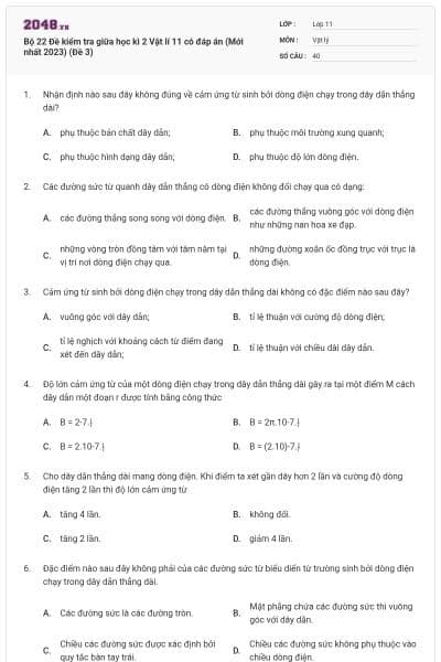 Bộ 22  Đề kiểm tra giữa học kì 2 Vật lí 11 có đáp án (Mới nhất 2023) (Đề 3)