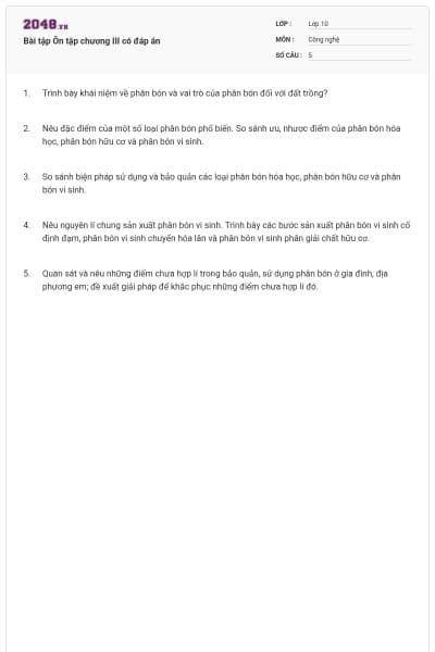 Bài tập Ôn tập chương III có đáp án