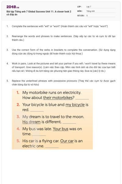 Bài tập Tiếng anh 7 Global Success Unit 11. A closer look 2 có đáp án