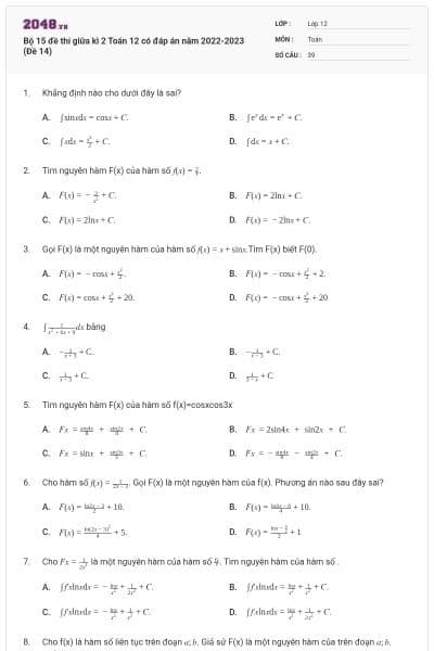 Bộ 15 đề thi giữa kì 2 Toán 12 có đáp án năm 2022-2023 (Đề 14)
