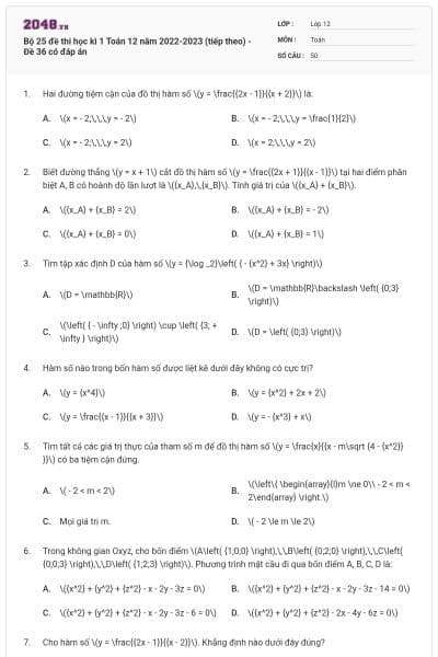 Bộ 25 đề thi học kì 1 Toán 12 năm 2022-2023 (tiếp theo) - Đề 36 có đáp án