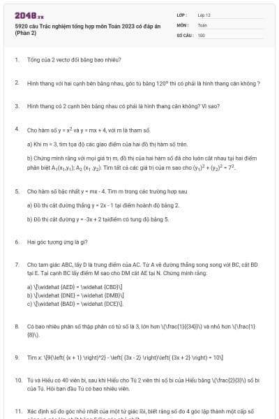 5920 câu Trắc nghiệm tổng hợp môn Toán 2023 có đáp án (Phần 2)