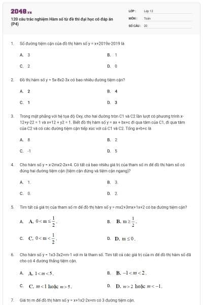 120 câu trắc nghiệm Hàm số từ đề thi đại học có đáp án (P4)