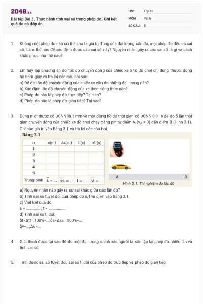 Bài tập Bài 3. Thực hành tính sai số trong phép đo. Ghi kết quả đo có đáp án