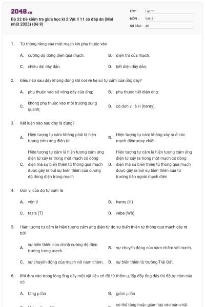 Bộ 22 Đề kiểm tra giữa học kì 2 Vật lí 11 có đáp án (Mới nhất 2023) (Đề 9)