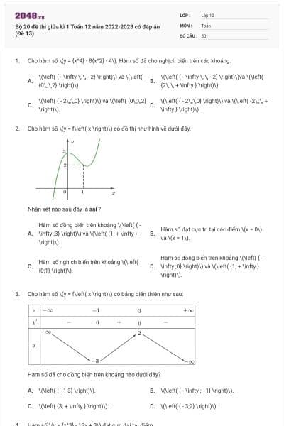 Bộ 20 đề thi giữa kì 1 Toán 12 năm 2022-2023 có đáp án (Đề 13)