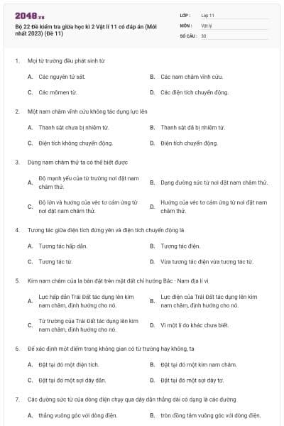 Bộ 22 Đề kiểm tra giữa học kì 2 Vật lí 11 có đáp án (Mới nhất 2023) (Đề 11)