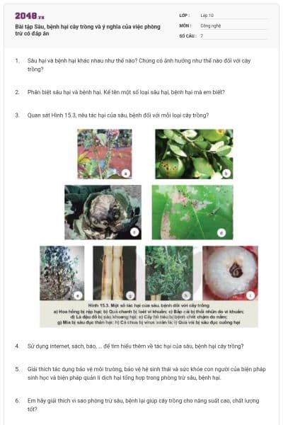 Bài tập Sâu, bệnh hại cây trồng và ý nghĩa của việc phòng trừ có đáp án