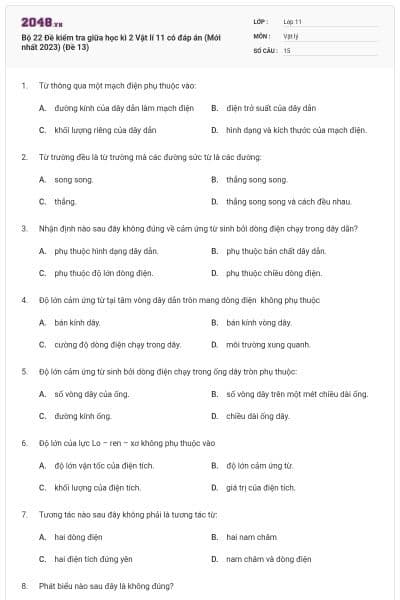 Bộ 22 Đề kiểm tra giữa học kì 2 Vật lí 11 có đáp án (Mới nhất 2023) (Đề 13)