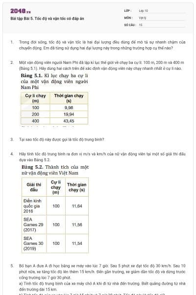 Bài tập Bài 5. Tốc độ và vận tốc có đáp án