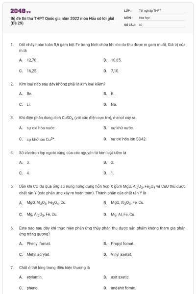 Bộ đề thi thử THPT Quốc gia năm 2022 môn Hóa có lời giải (Đề 29)