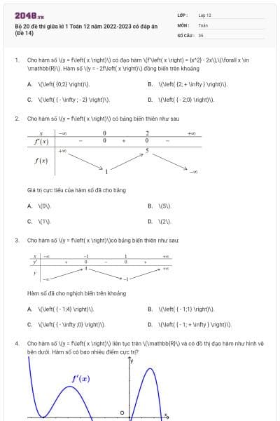 Bộ 20 đề thi giữa kì 1 Toán 12 năm 2022-2023 có đáp án (Đề 14)