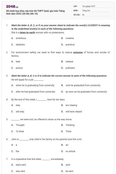 Đề minh họa theo cấu trúc thi THPT Quốc gia môn Tiếng Anh năm 2022 (30 đề) (Đề 16)