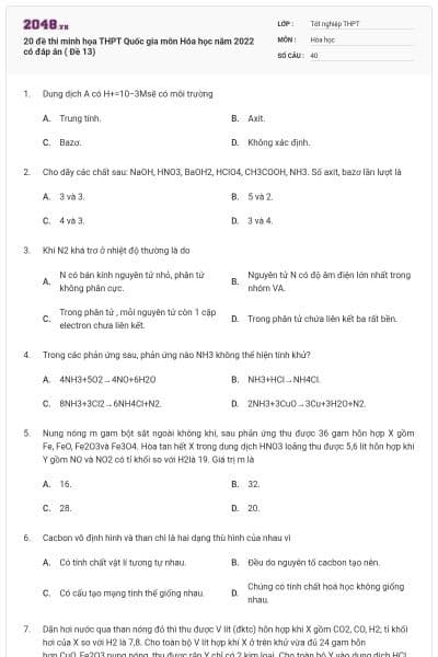 20 đề thi minh họa THPT Quốc gia môn Hóa học năm 2022 có đáp án ( Đề 13)