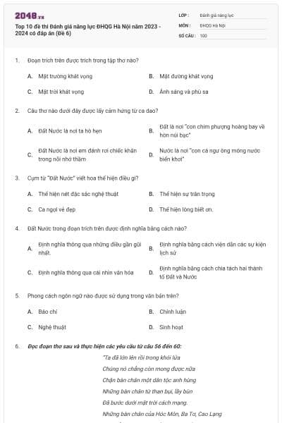 Top 10 đề thi Đánh giá năng lực ĐHQG Hà Nội năm 2023 - 2024 có đáp án (Đề 6)