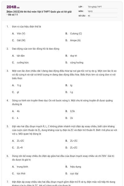 [Năm 2022] Đề thi thử môn Vật lí THPT Quốc gia có lời giải - Đề số 11