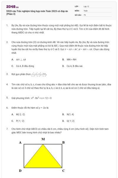 5920 câu Trắc nghiệm tổng hợp môn Toán 2023 có đáp án (Phần 3)
