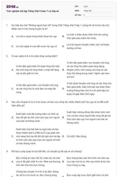 Trắc nghiệm bài tập Tiếng Việt 5 tuần 7 có đáp án