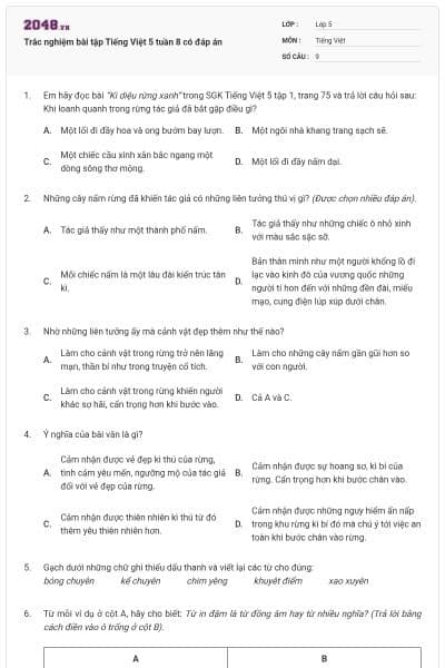 Trắc nghiệm bài tập Tiếng Việt 5 tuần 8 có đáp án