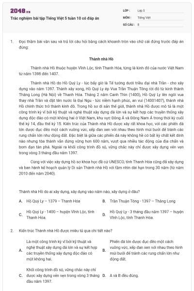 Trắc nghiệm bài tập Tiếng Việt 5 tuần 10 có đáp án