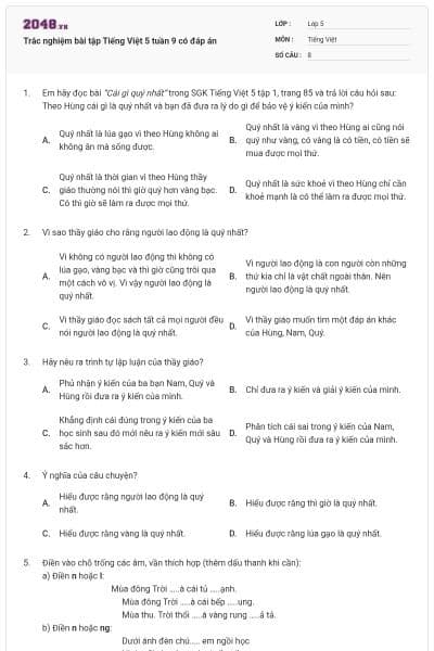 Trắc nghiệm bài tập Tiếng Việt 5 tuần 9 có đáp án