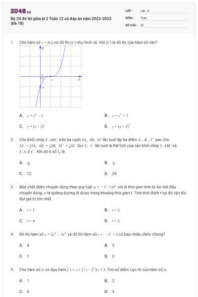 Bộ 20 đề thi giữa kì 2 Toán 12 có đáp án năm 2022-2023 (Đề 18)