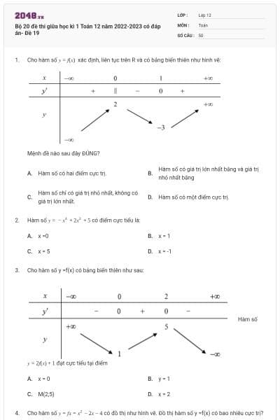 Bộ 20 đề thi giữa học kì 1 Toán 12 năm 2022-2023 có đáp án- Đề 19