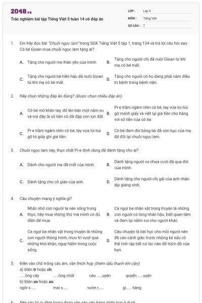 Trắc nghiệm bài tập Tiếng Việt 5 tuần 14 có đáp án