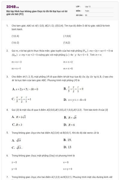Bài tâp Hình học không gian Oxyz từ đề thi Đại học có lời giải chi tiết (P2)