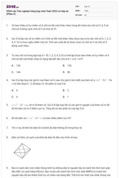 5920 câu Trắc nghiệm tổng hợp môn Toán 2023 có đáp án (Phần 4)