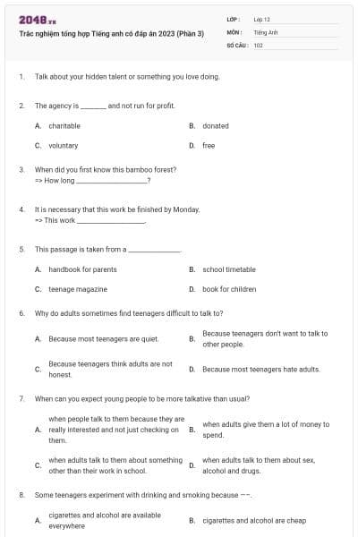 Trắc nghiệm tổng hợp Tiếng anh có đáp án 2023 (Phần 3)