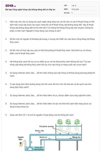 Bài tập Công nghệ trồng cây không dùng đất có đáp án