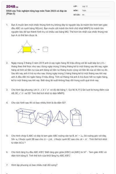 5920 câu Trắc nghiệm tổng hợp môn Toán 2023 có đáp án (Phần 5)