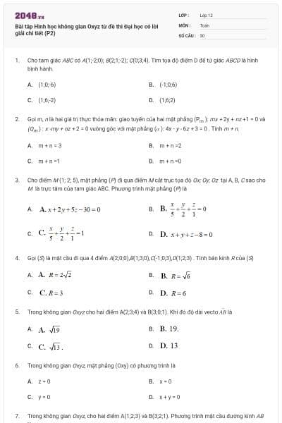 Bài tâp Hình học không gian Oxyz từ đề thi Đại học có lời giải chi tiết (P2)