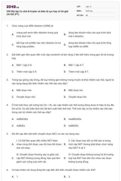 200 Bài tập Cơ chế di truyền và biến dị cực hay có lời giải chi tiết (P1)