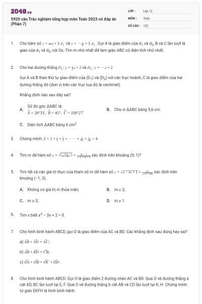 5920 câu Trắc nghiệm tổng hợp môn Toán 2023 có đáp án (Phần 7)