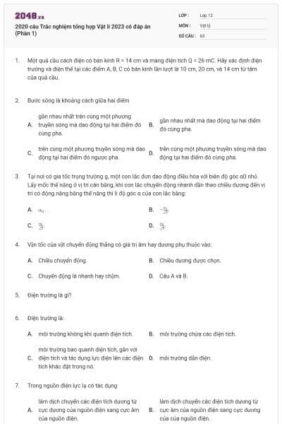2020 câu Trắc nghiệm tổng hợp Vật lí 2023 có đáp án (Phần 1)