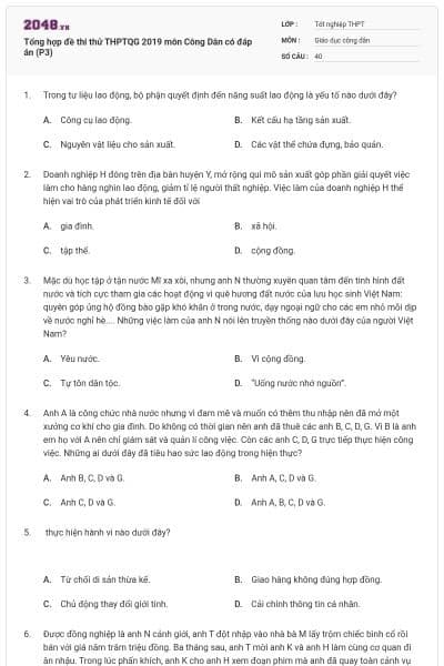 Tổng hợp đề thi thử THPTQG 2019 môn Công Dân có đáp án (P3)