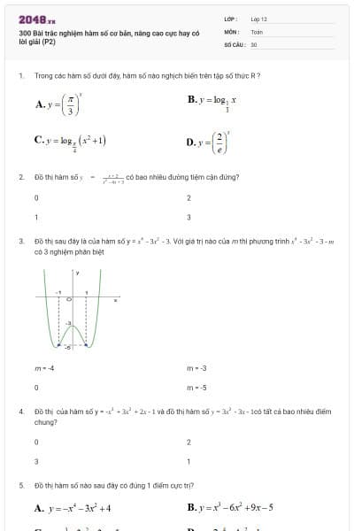 300 Bài trắc nghiệm hàm số cơ bản, nâng cao cực hay có lời giải (P2)