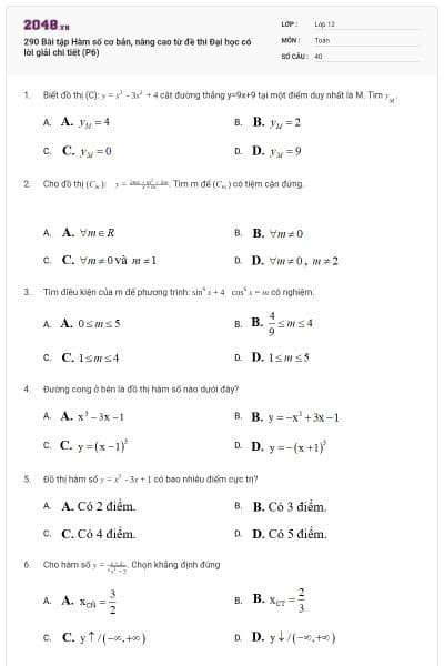 290 Bài tập Hàm số cơ bản, nâng cao từ đề thi Đại học có lời giải chi tiết (P6)