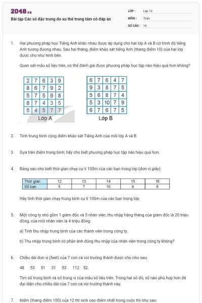 Bài tập Các số đặc trưng đo xu thế trung tâm có đáp án