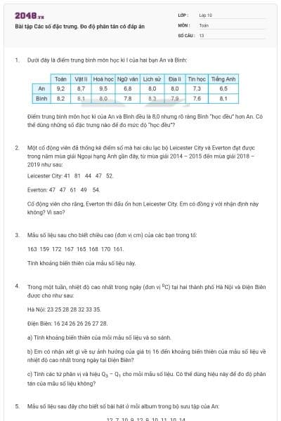 Bài tập Các số đặc trưng. Đo độ phân tán có đáp án