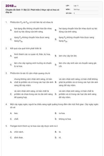 Chuyên đề Sinh 11 Bài 22: Phát triển ở thực vật có hoa có đáp án