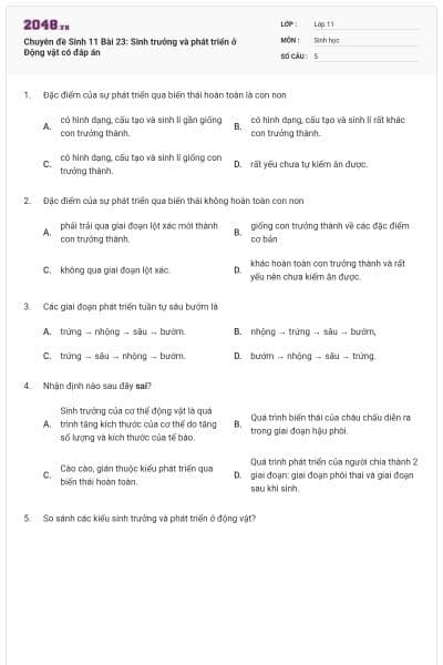 Chuyên đề Sinh 11 Bài 23: Sinh trưởng và phát triển ở Động vật có đáp án