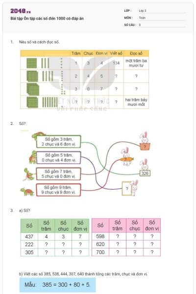 Bài tập Ôn tập các số đến 1000 có đáp án