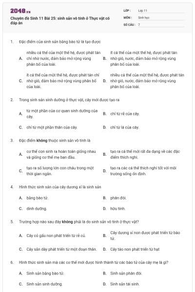 Chuyên đề Sinh 11 Bài 25: sinh sản vô tính ở Thực vật có đáp án