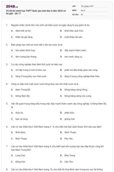 25 đề thi minh họa THPT Quốc gia môn Địa lí năm 2022 có lời giải - Đề 17