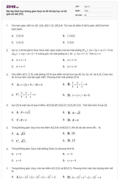 Bài tâp Hình học không gian Oxyz từ đề thi Đại học có lời giải chi tiết (P2)
