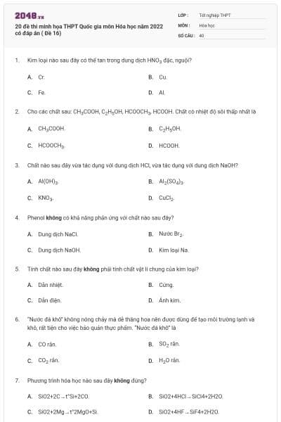 20 đề thi minh họa THPT Quốc gia môn Hóa học năm 2022 có đáp án ( Đề 16)